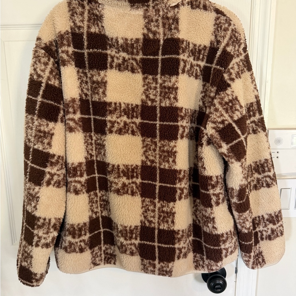 aerie Brown and Cream Plaid Sherpa Half-Zip Hoodie - Picture 4 of 4